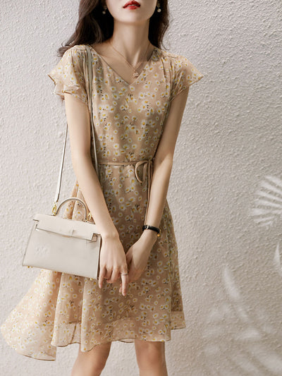 Hannah Classic V-neck Floral Printed Chiffon Dress