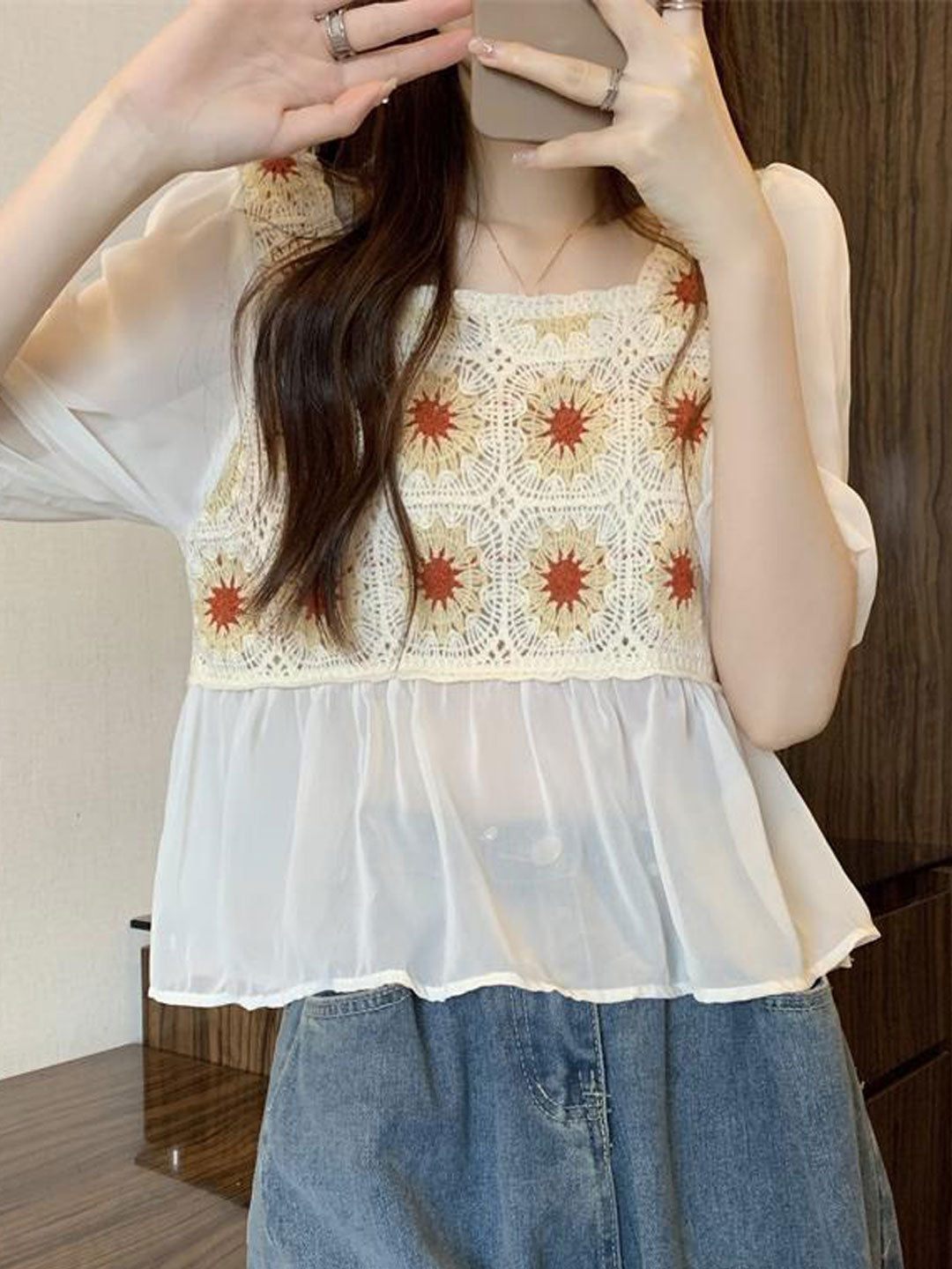 Olivia Retro Square Collar Crocheted Hollowed Chiffon Top