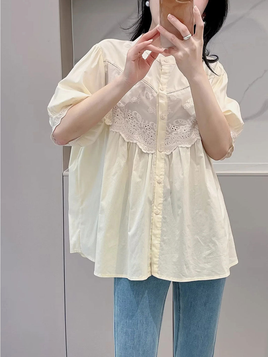 Layla Retro Hollowed Paneled Lace Shirt-Light Yellow