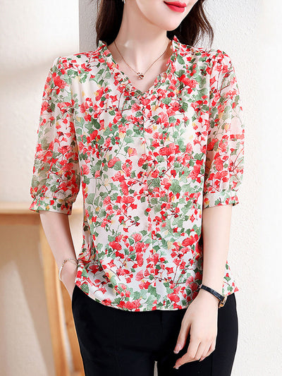 Mia Vacation V-Neck Ruffled Floral Chiffon Top-Red