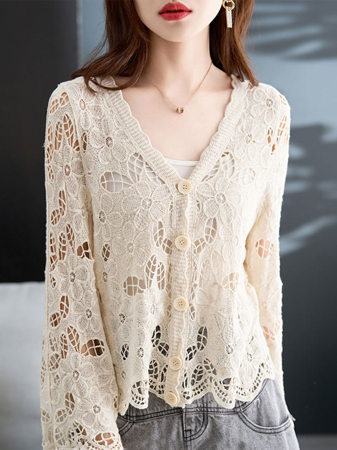 Emma Classic V-Neck Hollow Crochet Knitted Cardigan