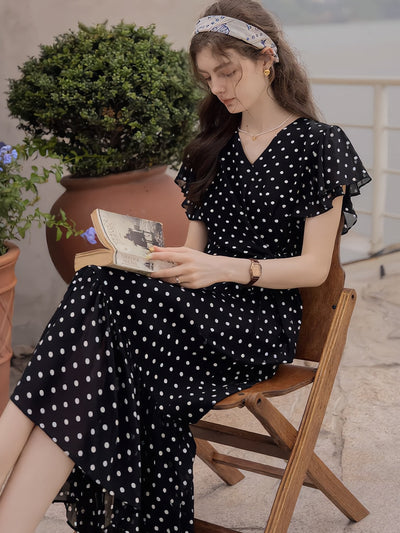 Grace Daily V-Neck Polka Dot Fishtail Chiffon Dress
