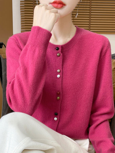 Mya Loose Crew Neck Solid Color Knitted Cardigan-Red