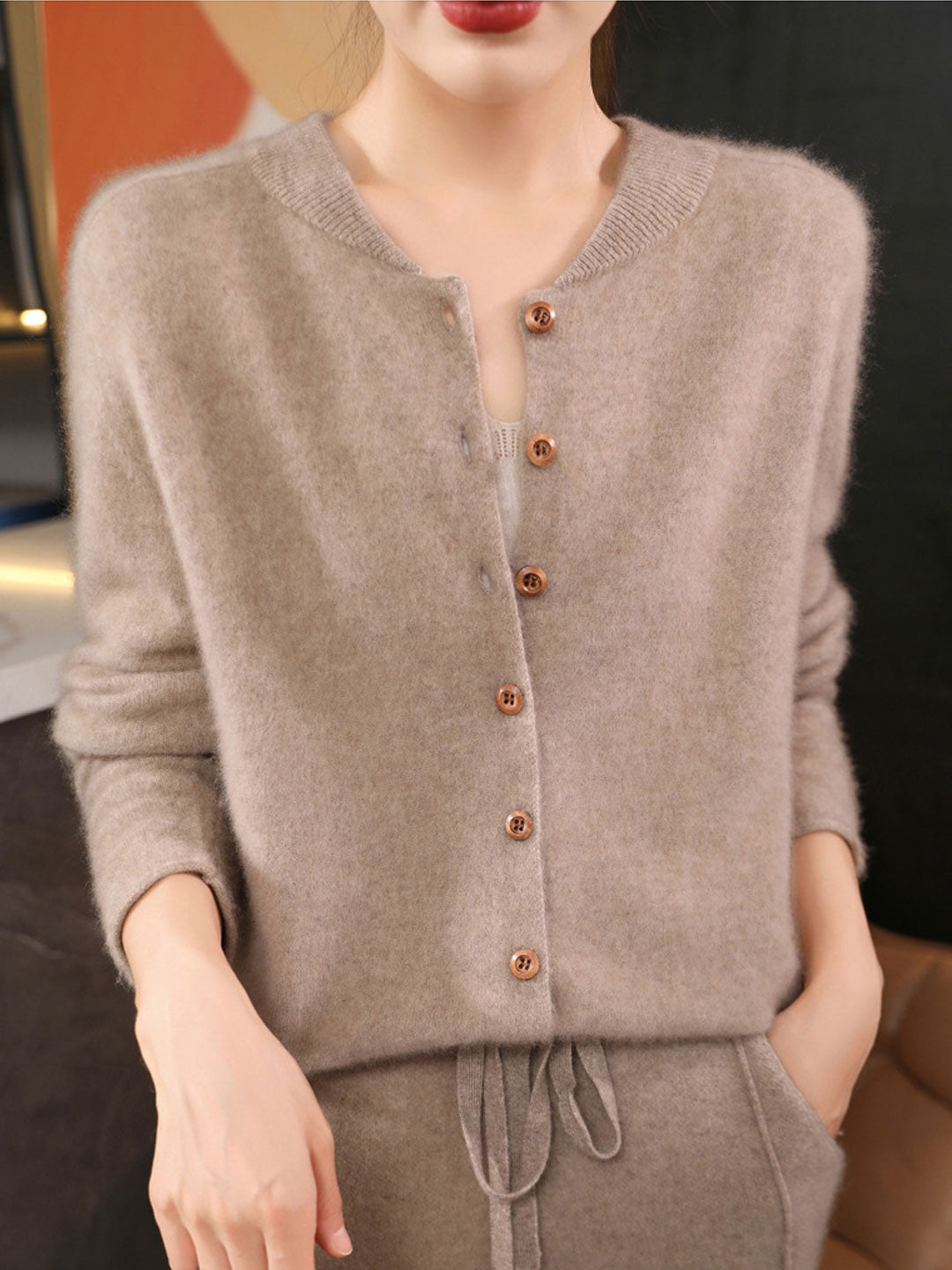 Natalie Classic Crew Neck Solid Color Knitted Cardigan-Red