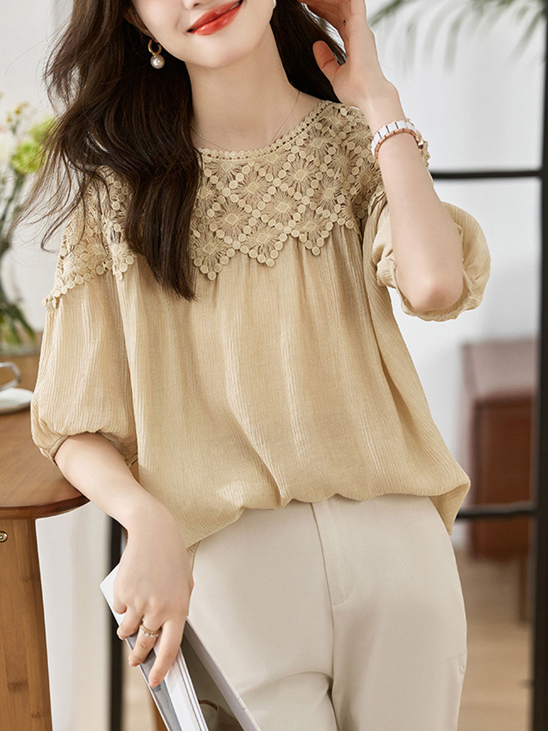 Sophie Loose Chiffon Lace Blouse-Khaki