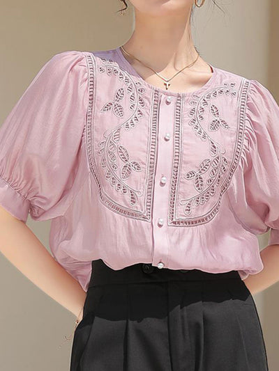 Grace Classic Hollowed Pleated Embroidered Top-Pink