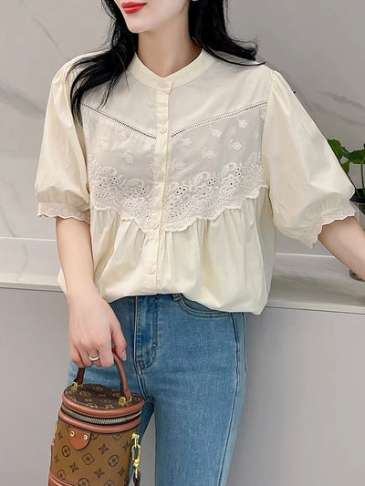 Layla Retro Hollowed Paneled Lace Shirt-White