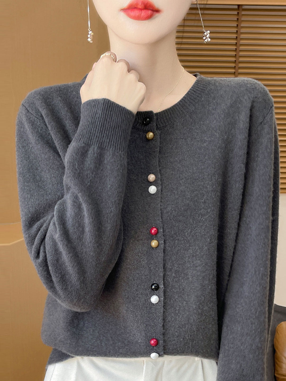 Mya Loose Crew Neck Solid Color Knitted Cardigan-Red