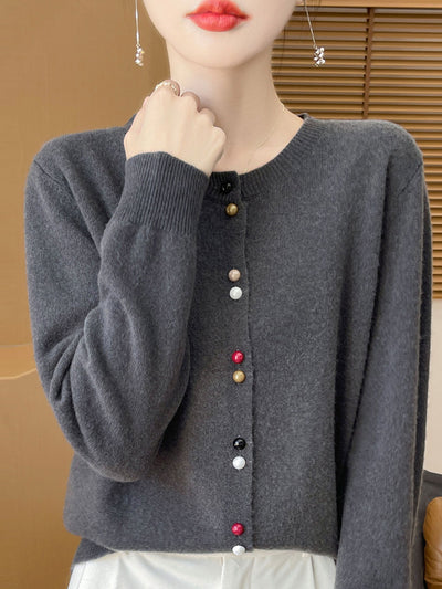 Mya Loose Crew Neck Solid Color Knitted Cardigan-Red