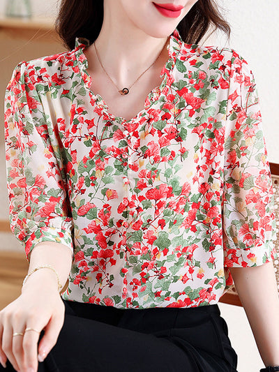 Mia Vacation V-Neck Ruffled Floral Chiffon Top-Red