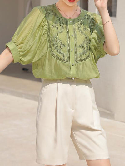 Grace Classic Hollowed Pleated Embroidered Top-Green