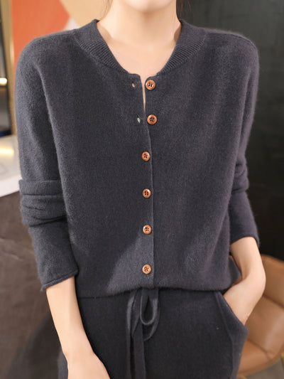 Natalie Classic Crew Neck Solid Color Knitted Cardigan-Red