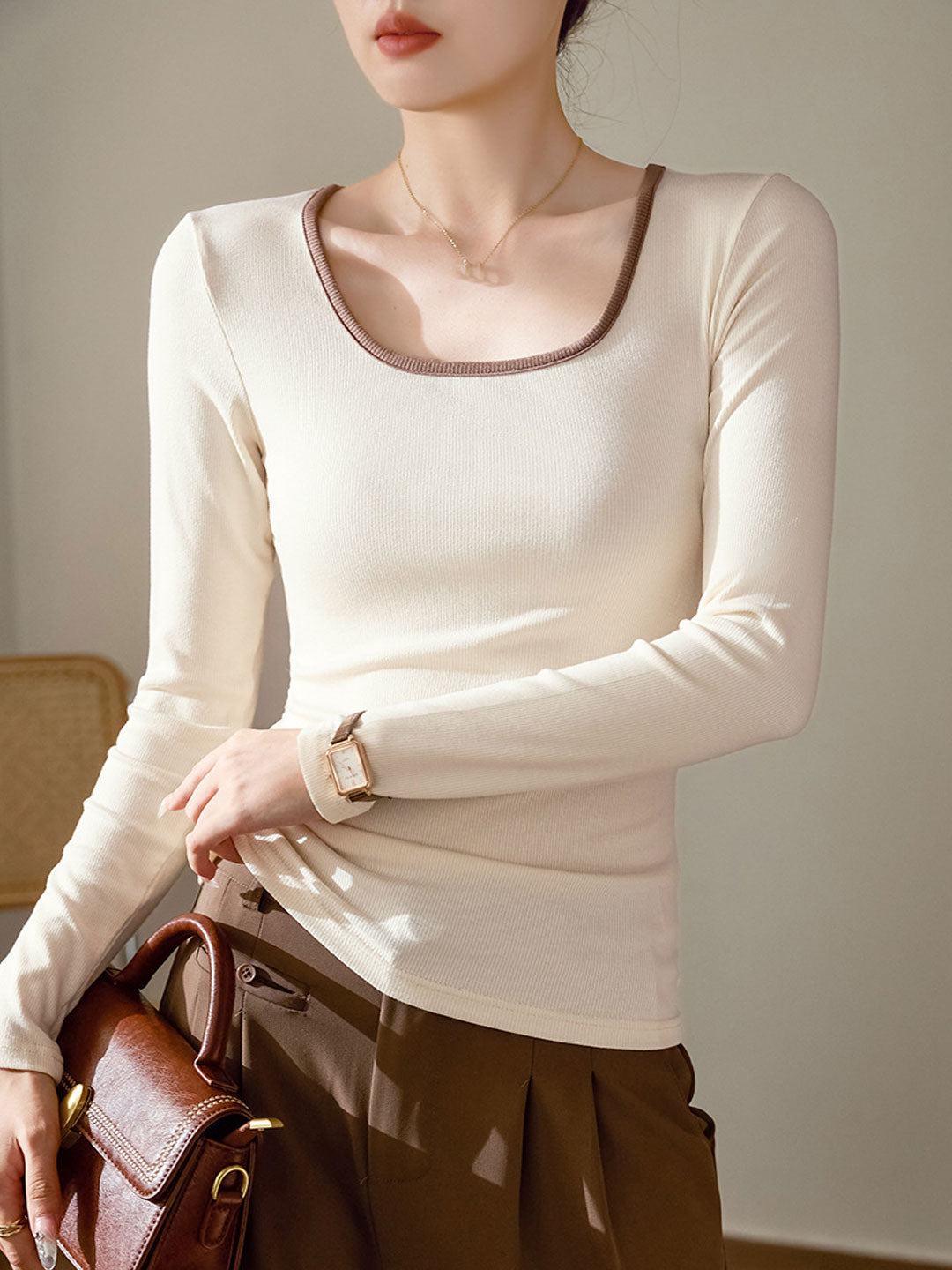 Sarah Classic Square Collar Contrasting Color Slim Top