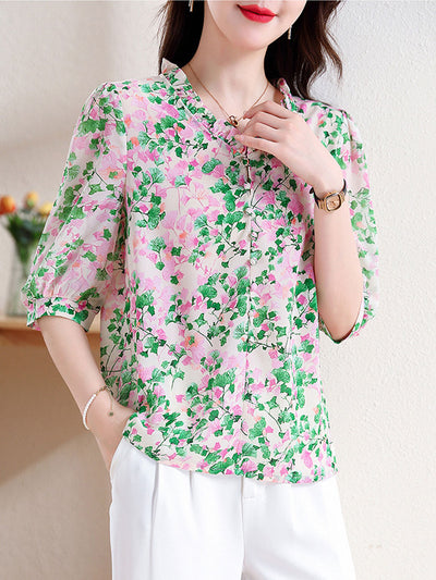 Mia Vacation V-Neck Ruffled Floral Chiffon Top-Red
