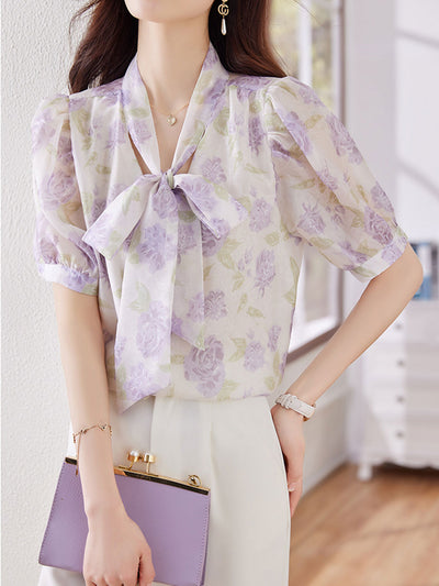 Grace Classic Bowknot Streamer Chiffon Top-Purple