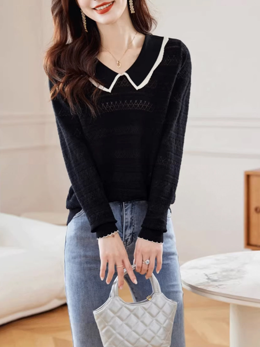 Nevaeh Classic Doll Collar Hollowed Knitted Top