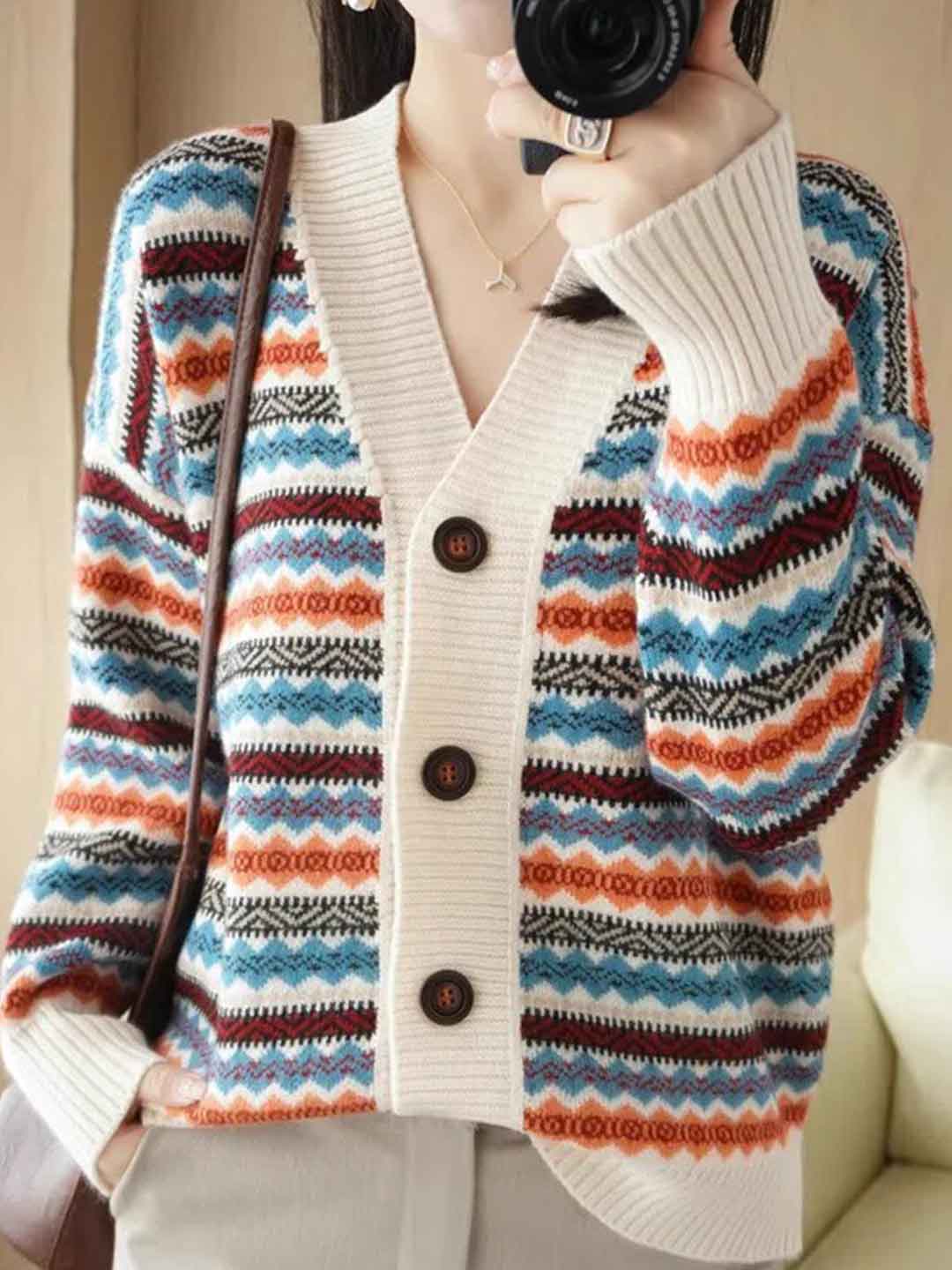 Jessica Loose V-Neck Striped Knitted Cardigan