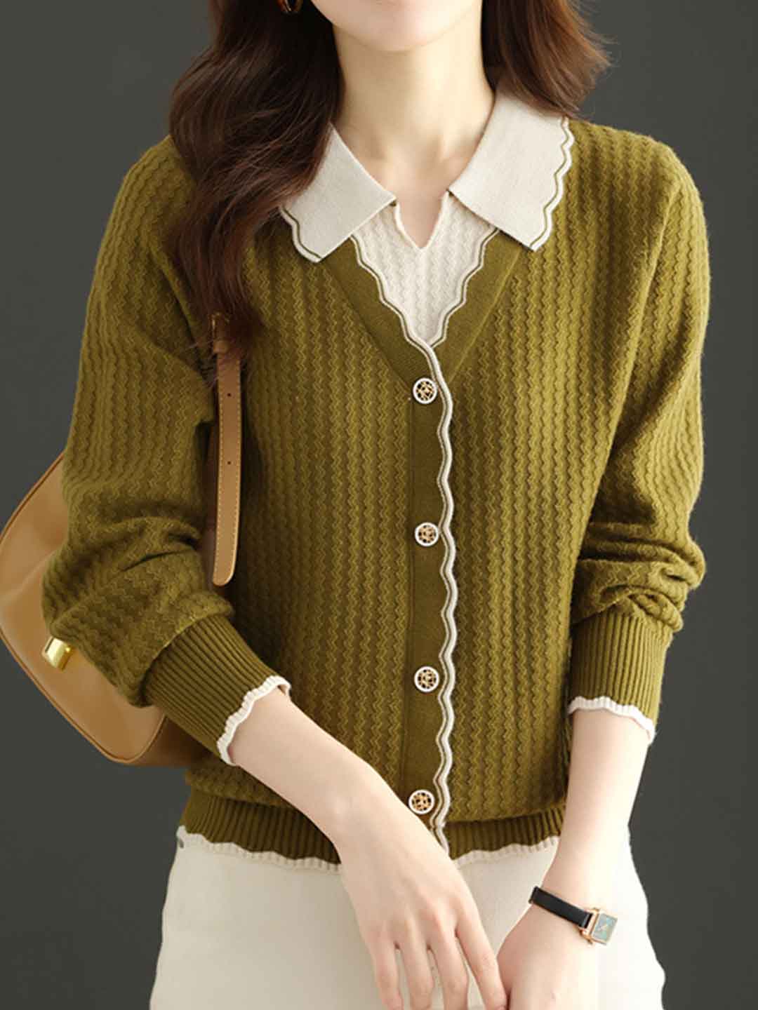 Camila Casual Lapel Mock Two-Piece Knitted Pullover Top