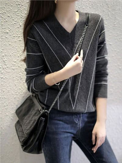 Ava Elegant V-Neck Loose Pullover Knitted Sweater-Gray