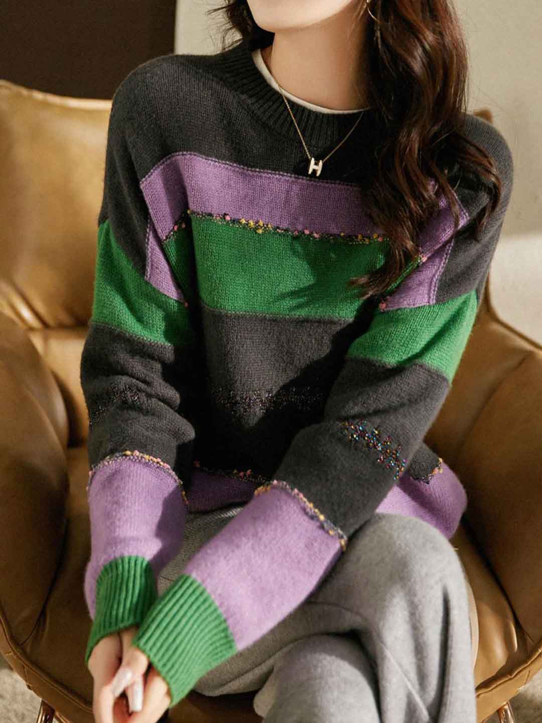 Kimberly Loose Crew Neck Striped Knitted Sweater