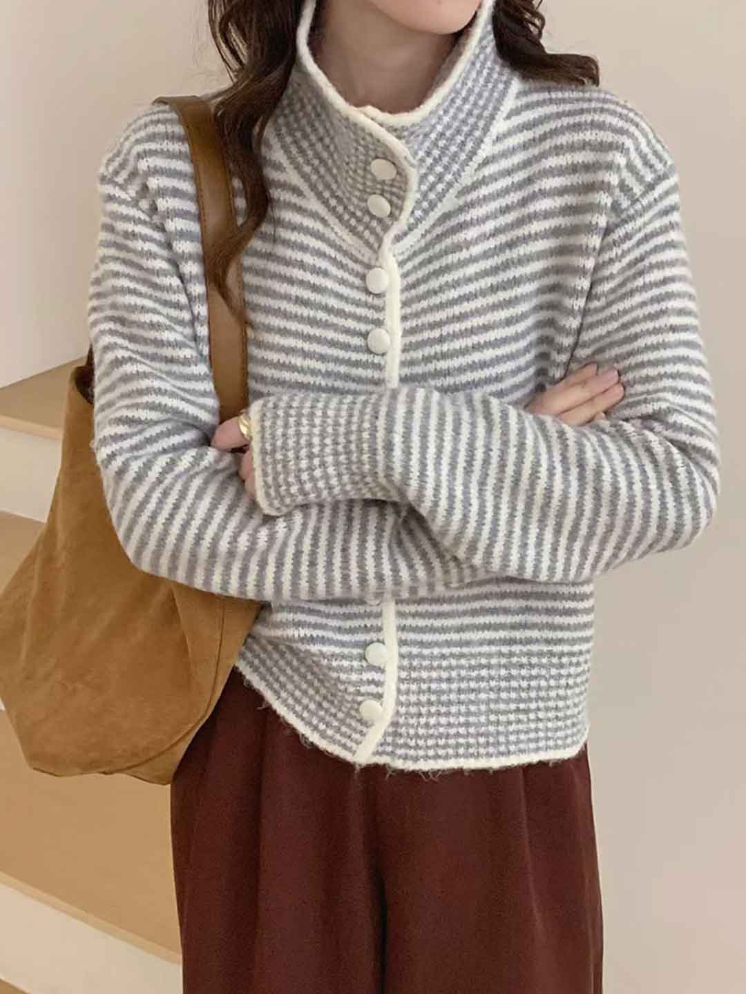 Ava Simple Lapel Striped Knitted Cardigan