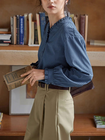 Madison Vintage V-Neck Ruffle Plaid Shirt