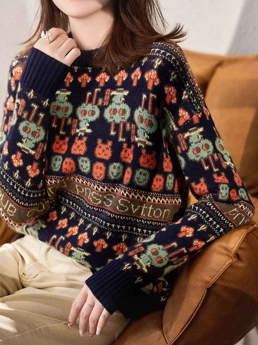 Kylie Loose Turtleneck Jacquard Knitted Sweater