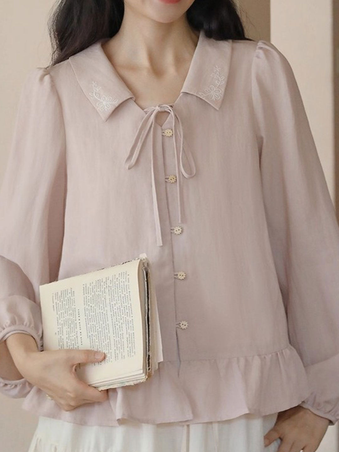 Sarah Loose Lapel Ruffle Embroidered Blouse