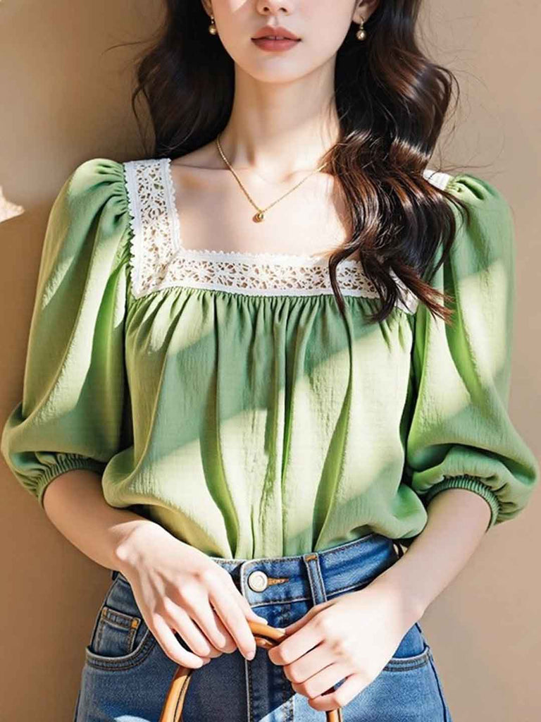 Brooke Classic Square Neck Lace Chiffon Blouse – Roselili