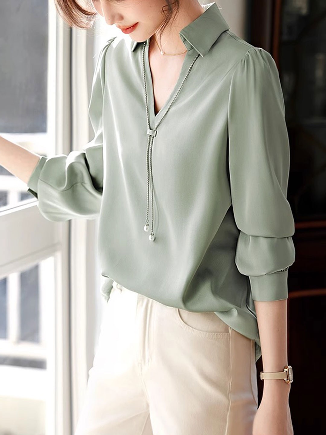 Claire Elegant V-Neck Satin Shirt