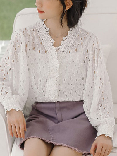 Vanessa Classic Hollowed Pearl Button Lace Blouse