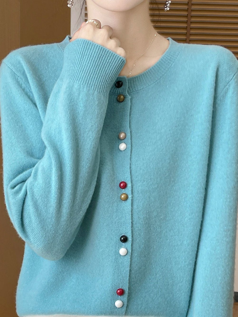 Mya Loose Crew Neck Solid Color Knitted Cardigan-Red