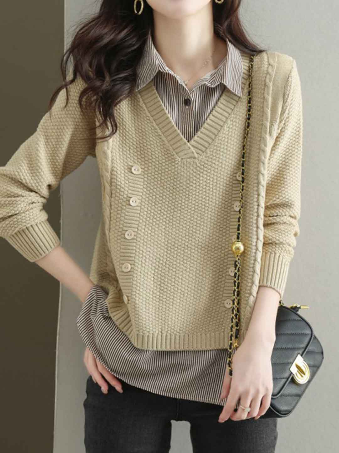 Jocelyn Loose Mock Two-Piece Striped Knitted Top