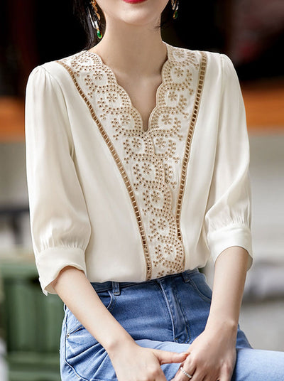 Chloe Retro V-neck Embroidered Shirt