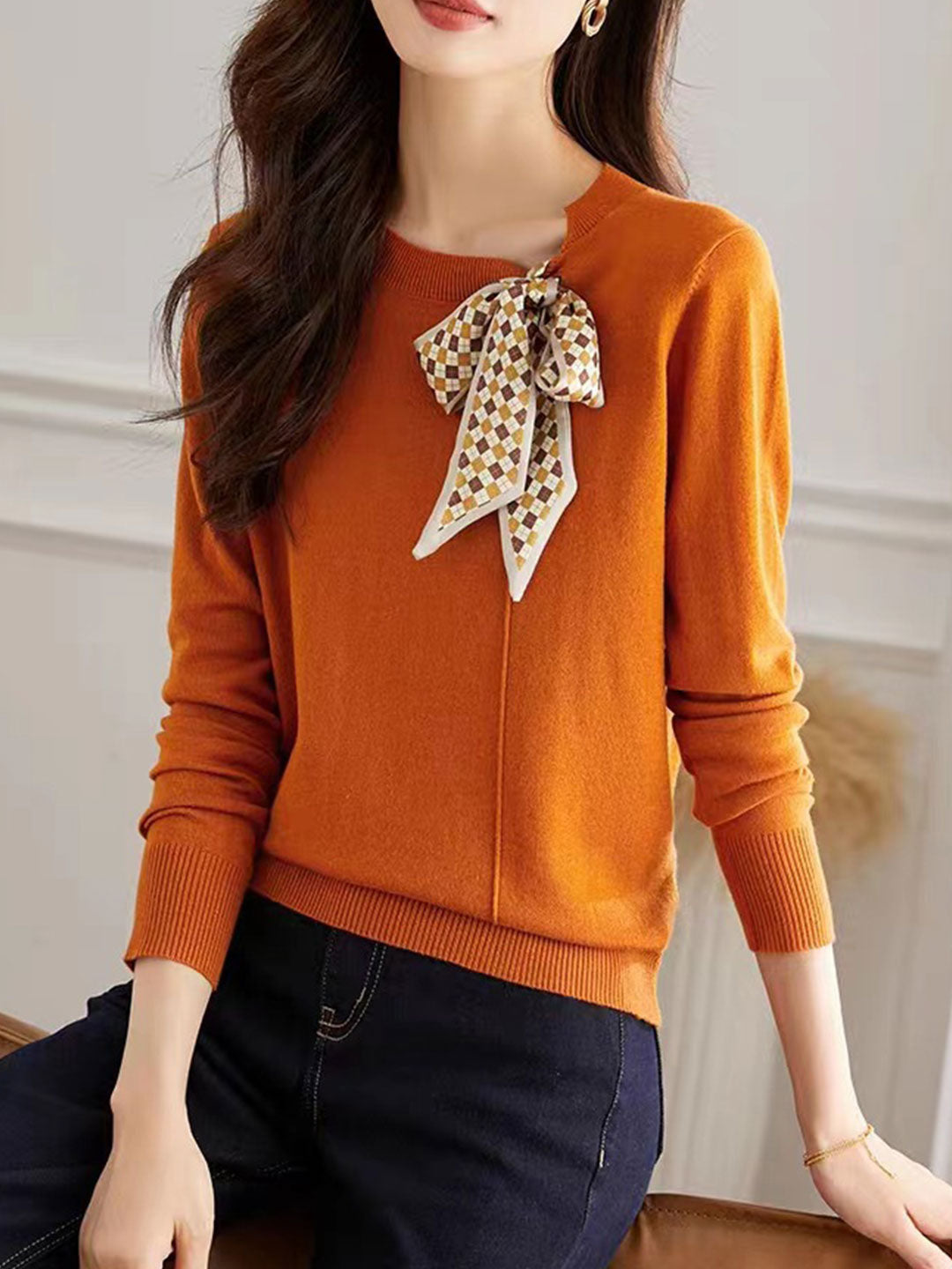 Lara Elegant Scarf Tie Knitted Sweater-Apricot
