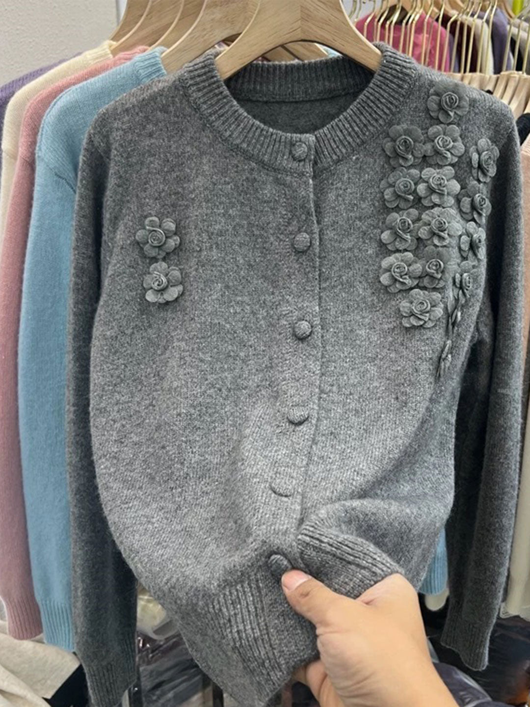 Aubrey Classic Crew Neck Flower Knitted Cardigan