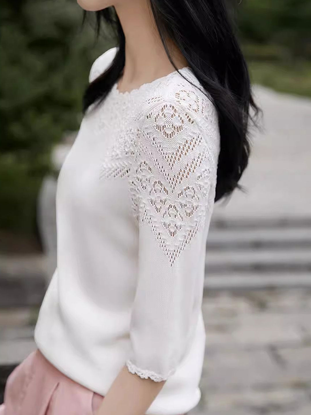 Ella Daily Crew Neck Hollowed Crochet Top