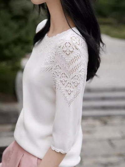 Ella Daily Crew Neck Hollowed Crochet Top