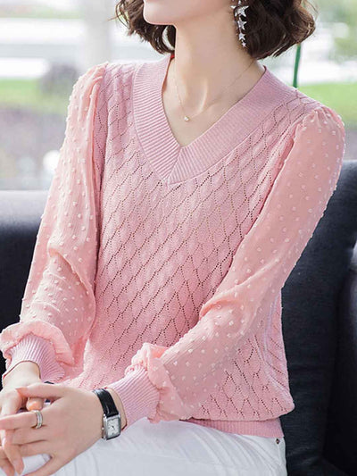 Taylor Classic V-Neck Sheer Sleeve Solid Color Top