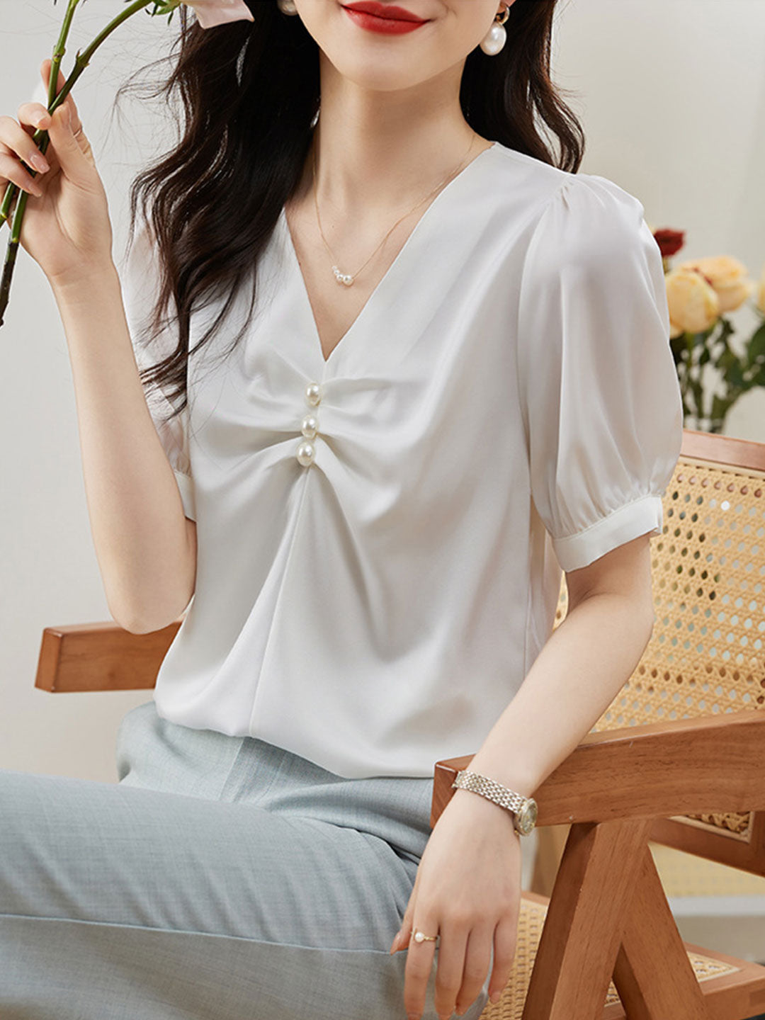 Bella Elegant Beaded Pleated Satin Shirt