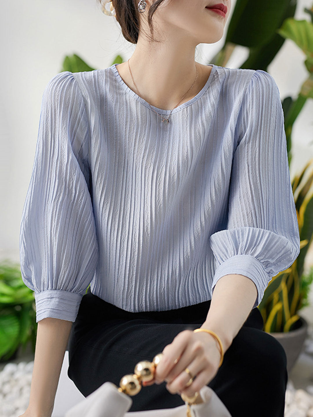 Kayla Classic Crew Neck Pleated Shirt-White