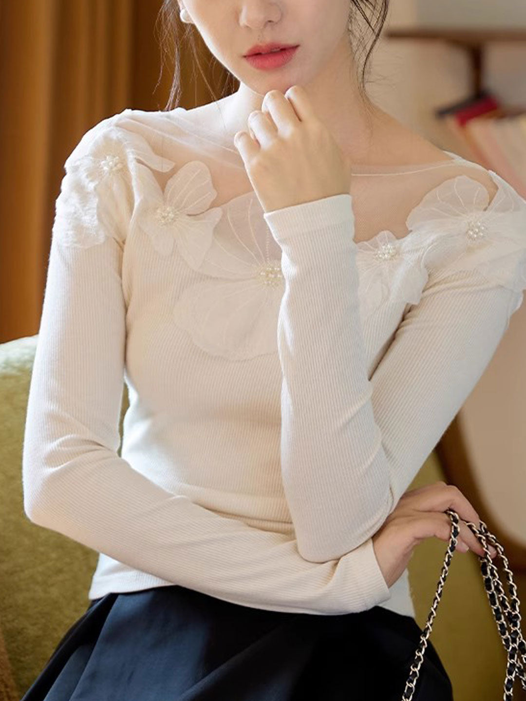 Aubrey Slim Crew Neck Mesh Panelled Top