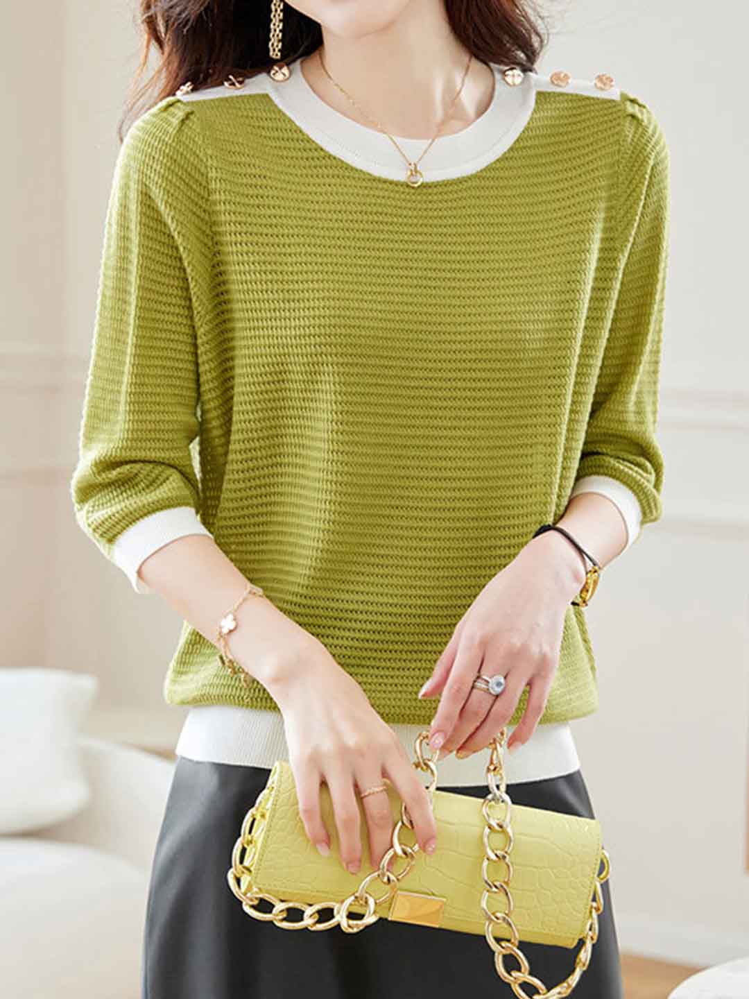 Maria Loose Crew Neck Solid Color Hollowed Knitted Top
