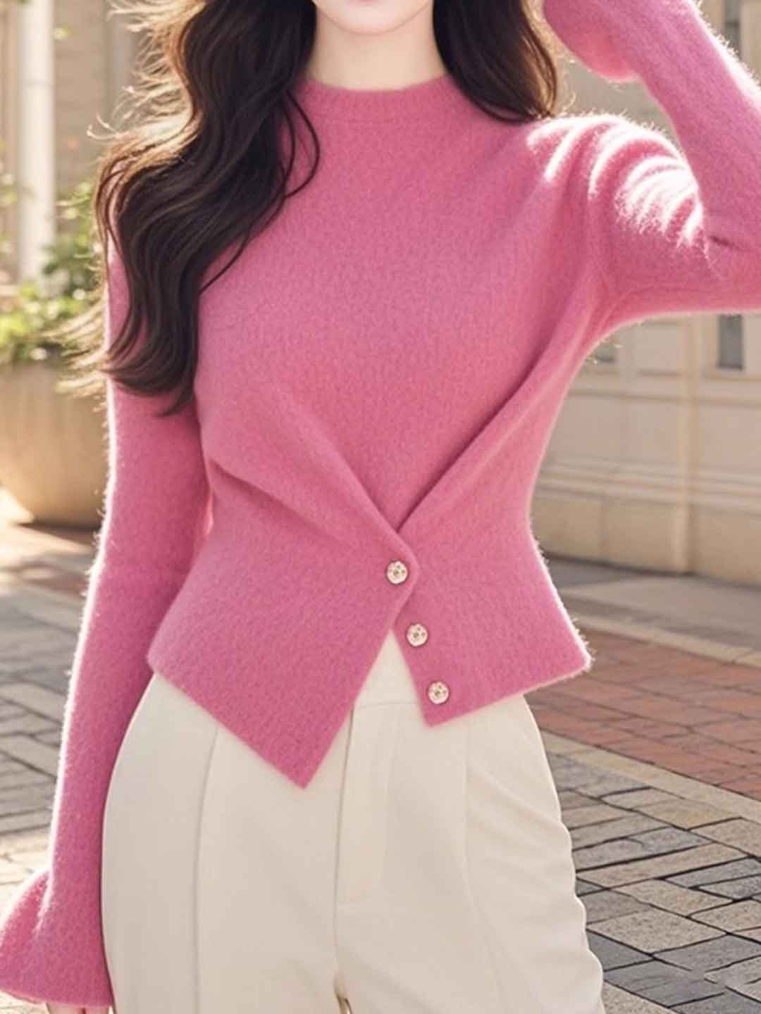 Madison Slim Crew Neck Solid Color Knitted Top