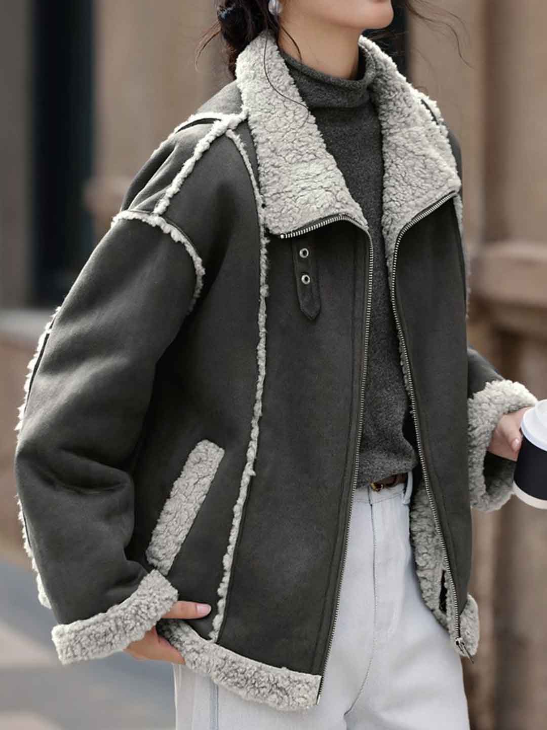 Natalie Retro Lapel Color-Blocked Suede Jacket