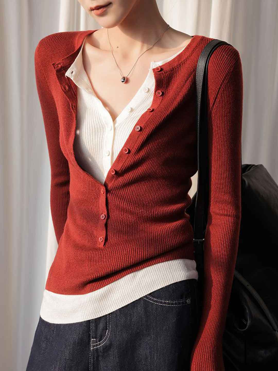 Kayla Slim V-Neck Mock Two-Piece Knitted Top