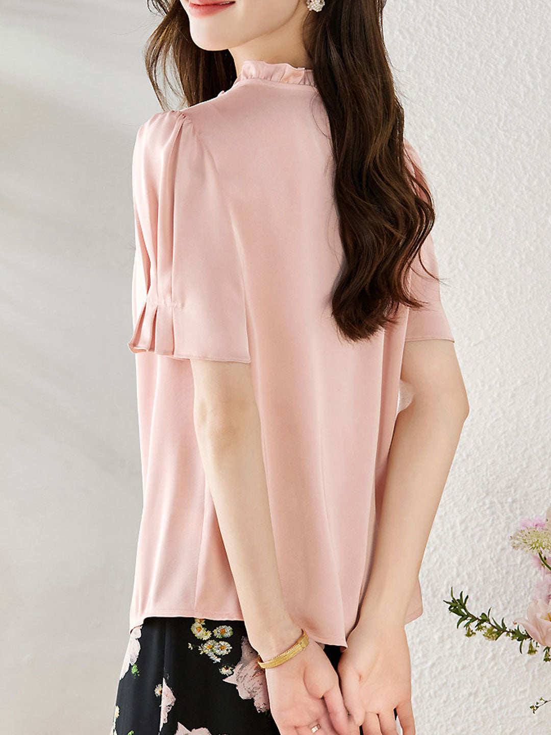 Sarah Elegant Auricular Satin Ruffled Chiffon Top