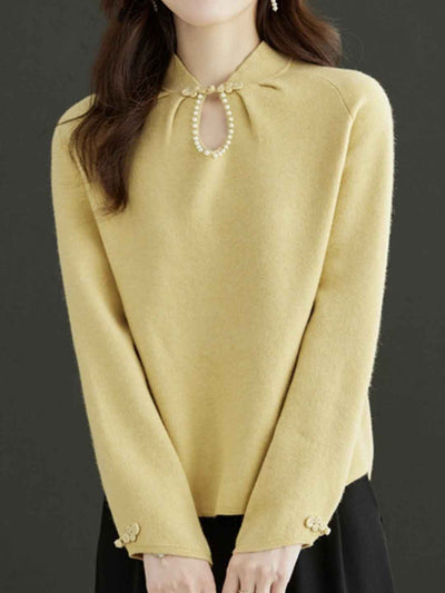 Abigail Loose Knot Buttons Solid Color Knitted Top