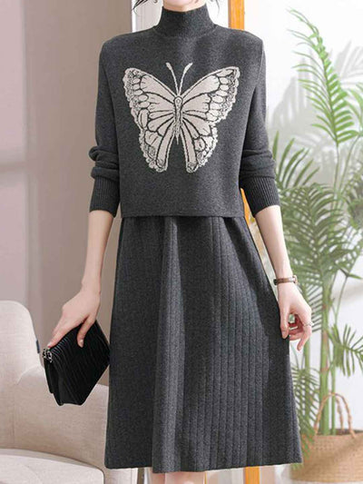 Jessica Loose Turtleneck Butterfly Printed Knitted Dress