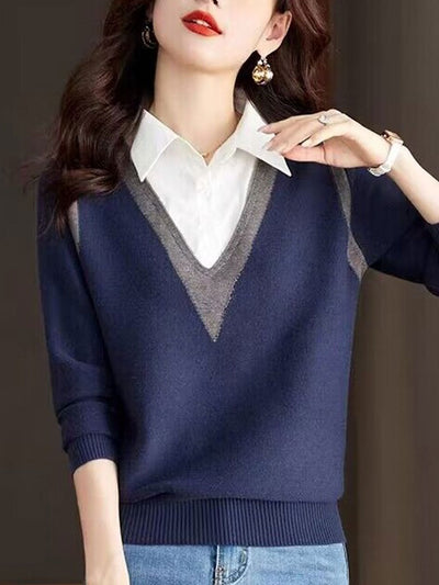 Ava Casual Contrast Color Shirt Collar Knitted Sweater